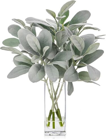 Briful Artificial Frosted Lambs Ear Leaves Dusty Miller Stems in Clear Glass Vase Fake Leave Stems Arrangement for Home Wedding Party Baby Shower Decoration in Kuwait