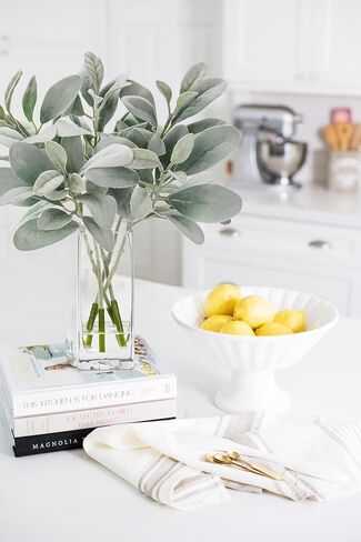 Briful Artificial Frosted Lambs Ear Leaves Dusty Miller Stems in Clear Glass Vase Fake Leave Stems Arrangement for Home Wedding Party Baby Shower Decoration in Kuwait