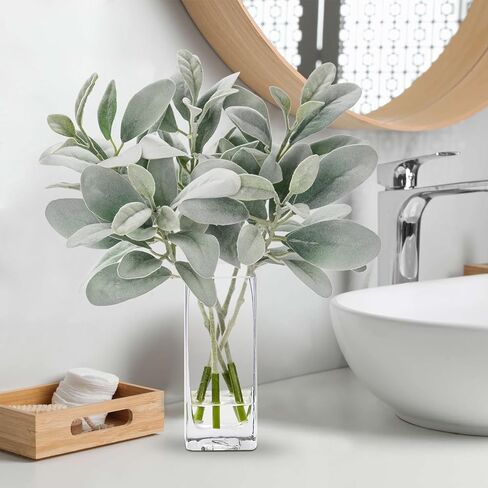 Briful Artificial Frosted Lambs Ear Leaves Dusty Miller Stems in Clear Glass Vase Fake Leave Stems Arrangement for Home Wedding Party Baby Shower Decoration in Kuwait