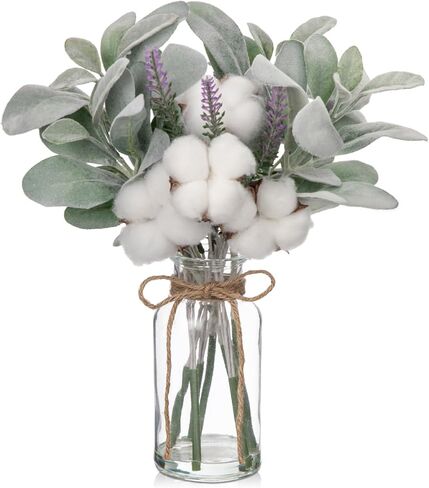 Briful Artificial Frosted Lambs Ear Leaves Dusty Miller Stems in Clear Glass Vase Fake Leave Stems Arrangement for Home Wedding Party Baby Shower Decoration in Kuwait