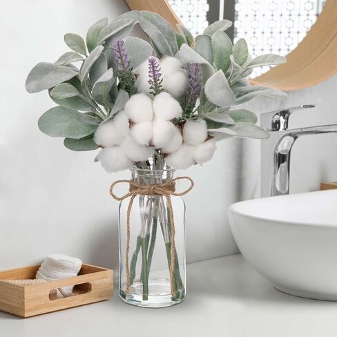 Briful Artificial Frosted Lambs Ear Leaves Dusty Miller Stems in Clear Glass Vase Fake Leave Stems Arrangement for Home Wedding Party Baby Shower Decoration in Kuwait