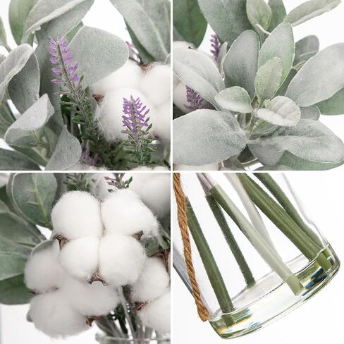 Briful Artificial Frosted Lambs Ear Leaves Dusty Miller Stems in Clear Glass Vase Fake Leave Stems Arrangement for Home Wedding Party Baby Shower Decoration in Kuwait