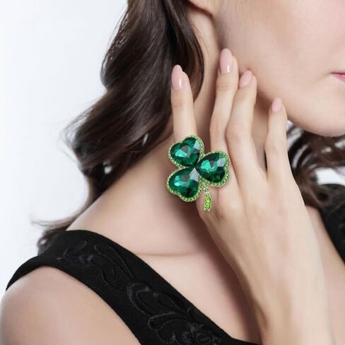 EVER FAITH St. Patrick's Day Three Leaves Clover Statement Rings, Sparkle Heart Shaped Crystal Lucky Green Leaf Adjustable Ring, Irish Holiday Jewelry Gift for Women in Kuwait