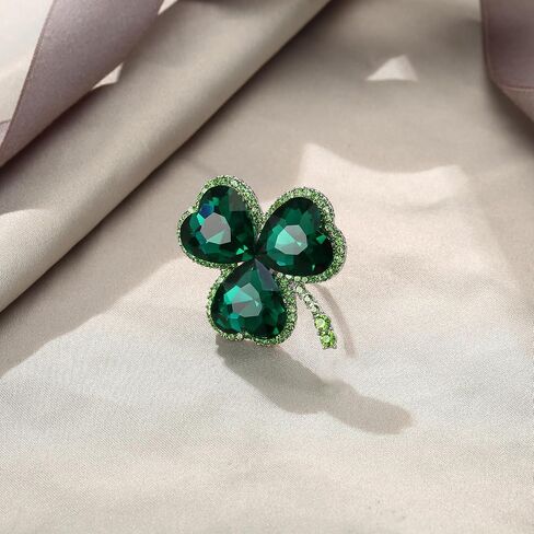 EVER FAITH St. Patrick's Day Three Leaves Clover Statement Rings, Sparkle Heart Shaped Crystal Lucky Green Leaf Adjustable Ring, Irish Holiday Jewelry Gift for Women in Kuwait