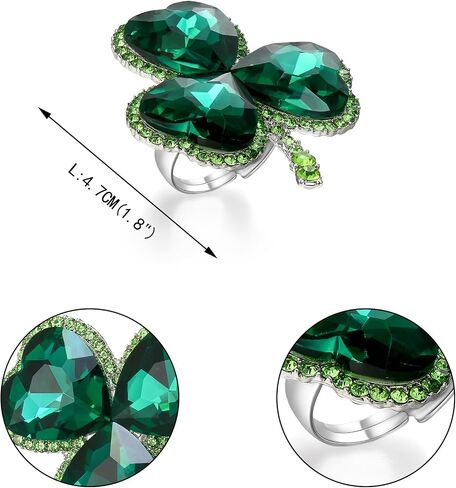 EVER FAITH St. Patrick's Day Three Leaves Clover Statement Rings, Sparkle Heart Shaped Crystal Lucky Green Leaf Adjustable Ring, Irish Holiday Jewelry Gift for Women in Kuwait