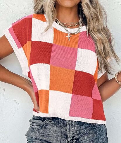 ATHMILE Womens Cap Sleeve Tops Color Block Crop Sweater Going Out Crew Neck Knit Shirts Business Casual Outfits in Saudi Arabia