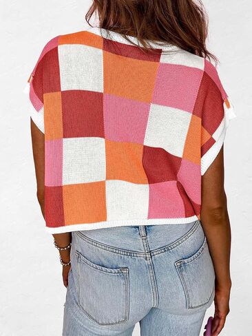 ATHMILE Womens Cap Sleeve Tops Color Block Crop Sweater Going Out Crew Neck Knit Shirts Business Casual Outfits in Saudi Arabia