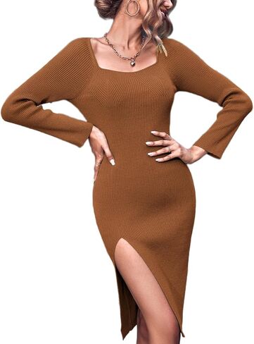 Womens Long Sleeve Sweater Dress Ribbed Sweetheart Neck Bodycon Midi Dress Scoop Neck Tops in Saudi Arabia