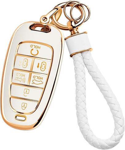 for Hyundai Key Fob Cover with Car Keychain, Soft TPU Key Fob Case for 2024 2023 2022 2021 Hyundai Sonata, Santa Fe, Nexo, Tucson, Palisade, Smart Remote Key Fob Protector Holder 7 Buttons (White) in Saudi Arabia