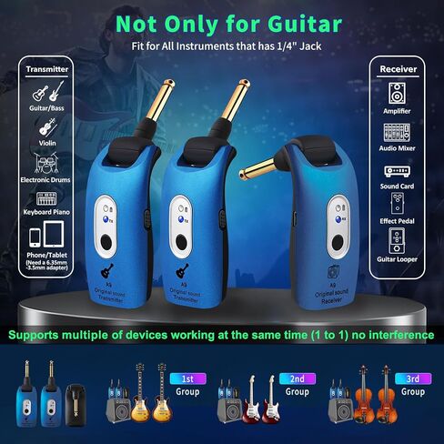 A9 Wireless Guitar System - 2.4GHz Guitar Accessories Transmitter Receiver, 24-bit 48KHz Audio, 100ft Range, No Latency, 4-Hour Rechargeable Battery, 6.5mm & 3.5mm Jack for Electric Guitar Bass，Blue in Kuwait