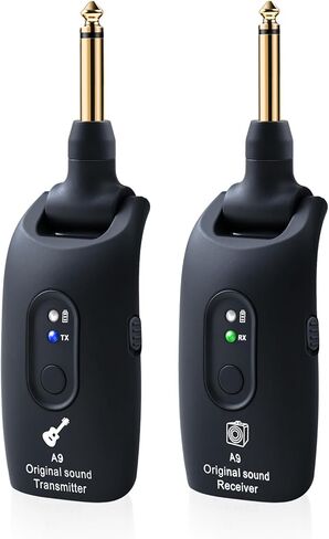 نظام جيتار لاسلكي A9 - جهاز استقبال إرسال ملحقات الجيتار 2.4 جيجا هرتز، صوت 24 بت 48 كيلو هرتز، نطاق 100 قدم، بدون كمون، بطارية قابلة لإعادة الشحن لمدة 4 ساعات، مقبس 6.5 مم و3.5 مم لباس الجيتار الكهربائي، أزرق in Kuwait