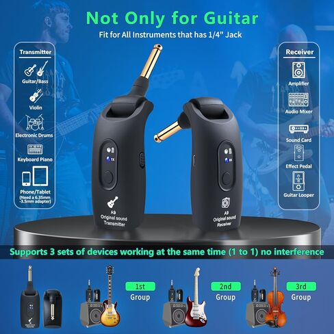 نظام جيتار لاسلكي A9 - جهاز استقبال إرسال ملحقات الجيتار 2.4 جيجا هرتز، صوت 24 بت 48 كيلو هرتز، نطاق 100 قدم، بدون كمون، بطارية قابلة لإعادة الشحن لمدة 4 ساعات، مقبس 6.5 مم و3.5 مم لباس الجيتار الكهربائي، أزرق in Kuwait