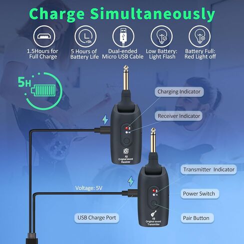 نظام جيتار لاسلكي A9 - جهاز استقبال إرسال ملحقات الجيتار 2.4 جيجا هرتز، صوت 24 بت 48 كيلو هرتز، نطاق 100 قدم، بدون كمون، بطارية قابلة لإعادة الشحن لمدة 4 ساعات، مقبس 6.5 مم و3.5 مم لباس الجيتار الكهربائي، أزرق in Kuwait