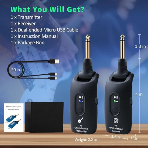 نظام جيتار لاسلكي A9 - جهاز استقبال إرسال ملحقات الجيتار 2.4 جيجا هرتز، صوت 24 بت 48 كيلو هرتز، نطاق 100 قدم، بدون كمون، بطارية قابلة لإعادة الشحن لمدة 4 ساعات، مقبس 6.5 مم و3.5 مم لباس الجيتار الكهربائي، أزرق in Kuwait