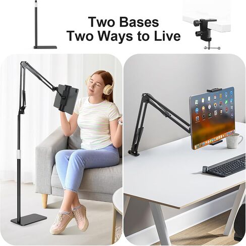 Tablet Floor Stand with Two Bases, Adjustable Universal Metal Tablet Stand Holder Supports Both Floor and Desktop Use，Compatible with iPad/iPhone/Kindle or Other 4.7"~13"Devices in Kuwait