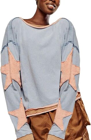 Star Graphic Oversized Sweatshirt for Women Y2k Crewneck Long Sleeve Pullover Sweater Vintage Aesthetic Clothes in Saudi Arabia