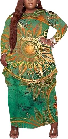 Casual Plus Size Maxi Dresses for Curvy Women Long Sleeve Baggy Long T-Shirt Tunic Dress with Pockets in Kuwait