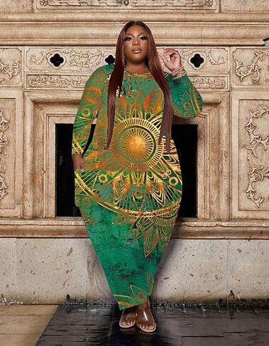 Casual Plus Size Maxi Dresses for Curvy Women Long Sleeve Baggy Long T-Shirt Tunic Dress with Pockets in Kuwait