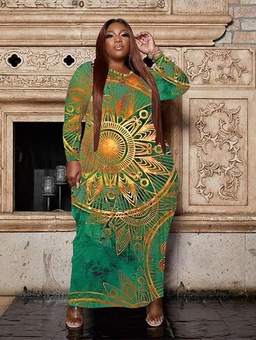 Casual Plus Size Maxi Dresses for Curvy Women Long Sleeve Baggy Long T-Shirt Tunic Dress with Pockets in Kuwait