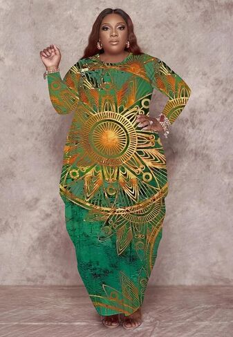 Casual Plus Size Maxi Dresses for Curvy Women Long Sleeve Baggy Long T-Shirt Tunic Dress with Pockets in Kuwait