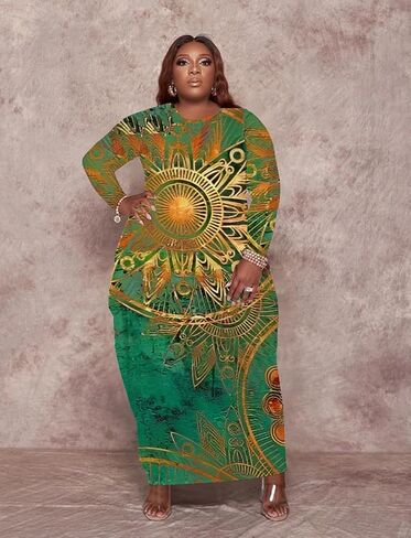 Casual Plus Size Maxi Dresses for Curvy Women Long Sleeve Baggy Long T-Shirt Tunic Dress with Pockets in Kuwait