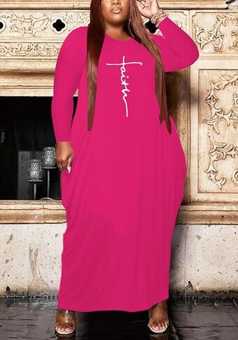 Casual Plus Size Maxi Dresses for Curvy Women Long Sleeve Baggy Long T-Shirt Tunic Dress with Pockets in Kuwait