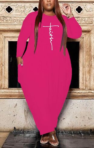 Casual Plus Size Maxi Dresses for Curvy Women Long Sleeve Baggy Long T-Shirt Tunic Dress with Pockets in Kuwait