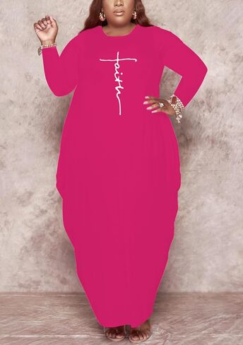 Casual Plus Size Maxi Dresses for Curvy Women Long Sleeve Baggy Long T-Shirt Tunic Dress with Pockets in Kuwait