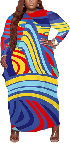 Casual Plus Size Maxi Dresses for Curvy Women Long Sleeve Baggy Long T-Shirt Tunic Dress with Pockets in Kuwait