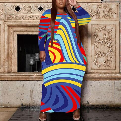 Casual Plus Size Maxi Dresses for Curvy Women Long Sleeve Baggy Long T-Shirt Tunic Dress with Pockets in Kuwait