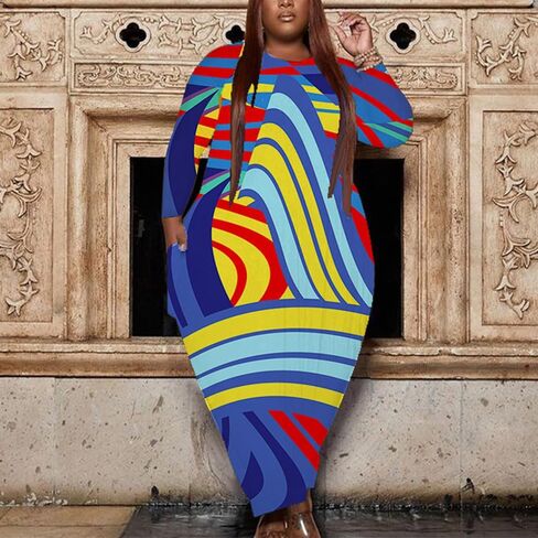 Casual Plus Size Maxi Dresses for Curvy Women Long Sleeve Baggy Long T-Shirt Tunic Dress with Pockets in Kuwait