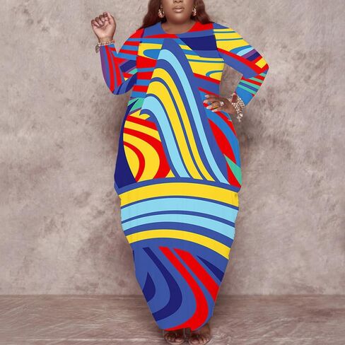 Casual Plus Size Maxi Dresses for Curvy Women Long Sleeve Baggy Long T-Shirt Tunic Dress with Pockets in Kuwait