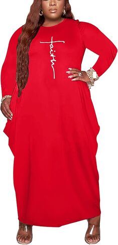 Casual Plus Size Maxi Dresses for Curvy Women Long Sleeve Baggy Long T-Shirt Tunic Dress with Pockets in Kuwait