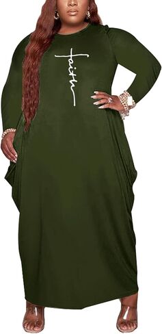 Casual Plus Size Maxi Dresses for Curvy Women Long Sleeve Baggy Long T-Shirt Tunic Dress with Pockets in Kuwait