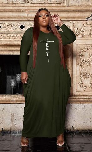 Casual Plus Size Maxi Dresses for Curvy Women Long Sleeve Baggy Long T-Shirt Tunic Dress with Pockets in Kuwait
