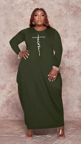 Casual Plus Size Maxi Dresses for Curvy Women Long Sleeve Baggy Long T-Shirt Tunic Dress with Pockets in Kuwait