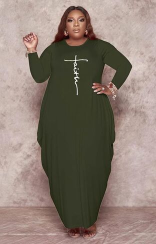 Casual Plus Size Maxi Dresses for Curvy Women Long Sleeve Baggy Long T-Shirt Tunic Dress with Pockets in Kuwait