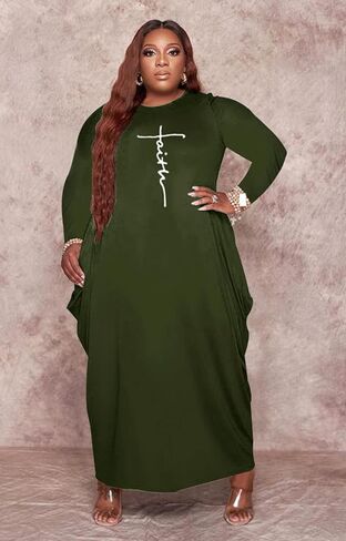 Casual Plus Size Maxi Dresses for Curvy Women Long Sleeve Baggy Long T-Shirt Tunic Dress with Pockets in Kuwait