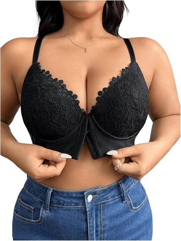 WDIRARA Women's Plus Size Front Closure Lace Bralette V Neck Push Up Sexy Bras High Support Bra in Kuwait