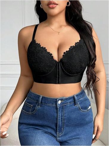 WDIRARA Women's Plus Size Front Closure Lace Bralette V Neck Push Up Sexy Bras High Support Bra in Kuwait