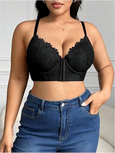 WDIRARA Women's Plus Size Front Closure Lace Bralette V Neck Push Up Sexy Bras High Support Bra in Kuwait