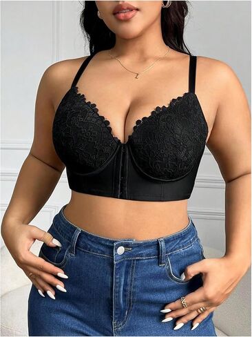 WDIRARA Women's Plus Size Front Closure Lace Bralette V Neck Push Up Sexy Bras High Support Bra in Kuwait