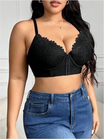 WDIRARA Women's Plus Size Front Closure Lace Bralette V Neck Push Up Sexy Bras High Support Bra in Kuwait