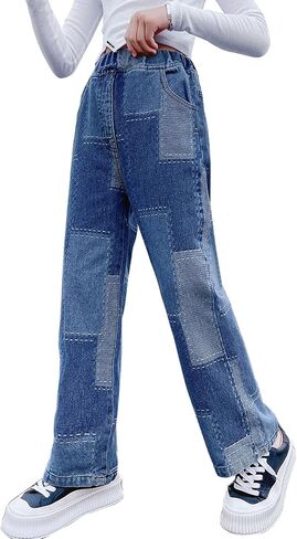 Big Girls Baggy Jeans Casual Patchwork Denim Jeans Elastic Wasit Wide Leg Ripped Pants Bell Bottoms for 4-14 Years in Kuwait