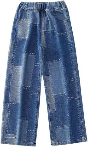 Big Girls Baggy Jeans Casual Patchwork Denim Jeans Elastic Wasit Wide Leg Ripped Pants Bell Bottoms for 4-14 Years in Kuwait