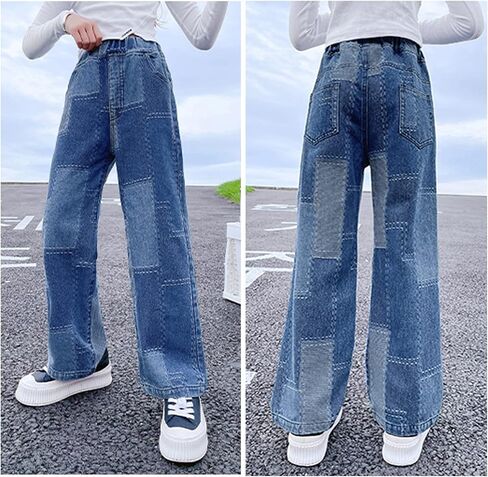 Big Girls Baggy Jeans Casual Patchwork Denim Jeans Elastic Wasit Wide Leg Ripped Pants Bell Bottoms for 4-14 Years in Kuwait