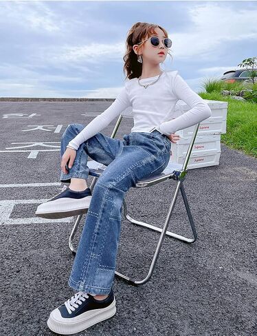 Big Girls Baggy Jeans Casual Patchwork Denim Jeans Elastic Wasit Wide Leg Ripped Pants Bell Bottoms for 4-14 Years in Kuwait