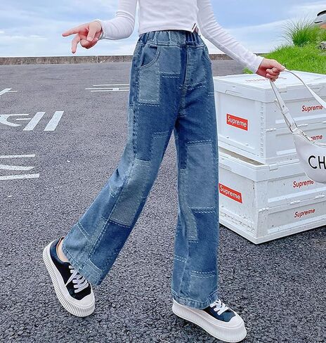 Big Girls Baggy Jeans Casual Patchwork Denim Jeans Elastic Wasit Wide Leg Ripped Pants Bell Bottoms for 4-14 Years in Kuwait