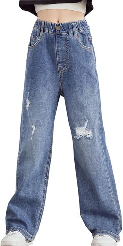 Big Girls Baggy Jeans Casual Patchwork Denim Jeans Elastic Wasit Wide Leg Ripped Pants Bell Bottoms for 4-14 Years in Kuwait