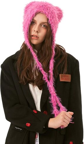 Winter Hat Cute Cat Ear Shape y2k Style Furry Knit Earflap Hat with Long Ear Straps Peruvian Cover Ear Beanie Hat in Saudi Arabia